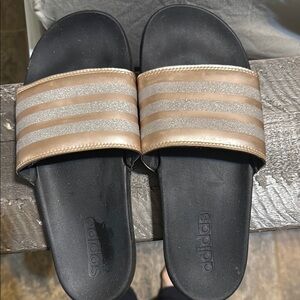 Adidas Black, pink and silver slides